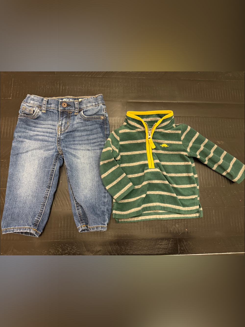 Green & Yellow Striped Fleece Zip Hoodie & Jeans